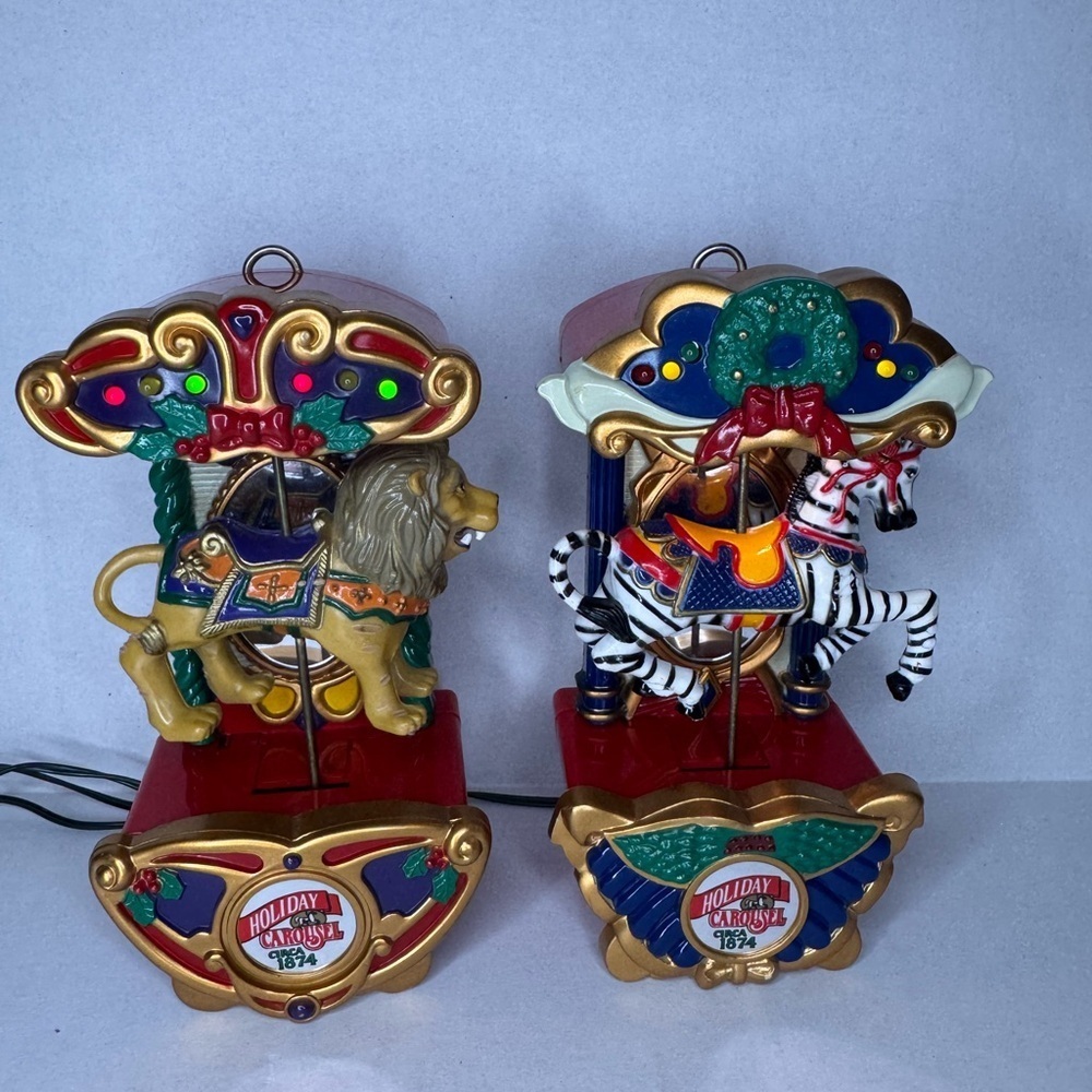 Vintage 1993CHRISTMAS Carousel Ornament Set of 2 CIRCUS ANIMALS ~ Lit & Animated